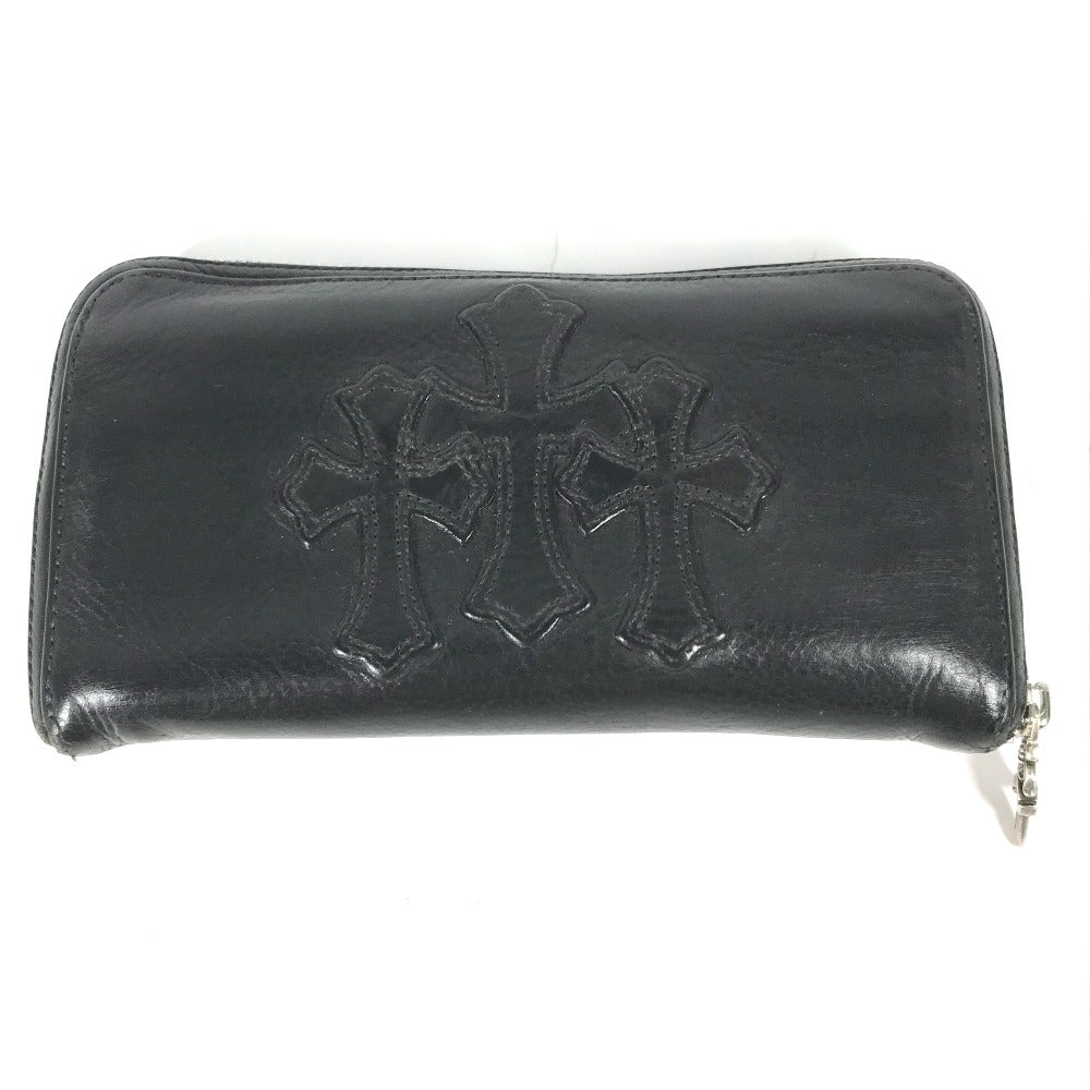 CHROME HEARTS Long Wallet Purse leather black REC F ZIP2 3PATCH Three Patch  Cross Cemetery Cross Patch mens Used Authentic