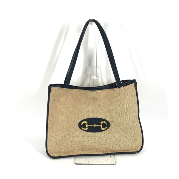 GUCCI Tote Bag Shoulder Bag Japan limited 1955 Horsebit Canvas leather 623694 Beige x navy Women Used Authentic
