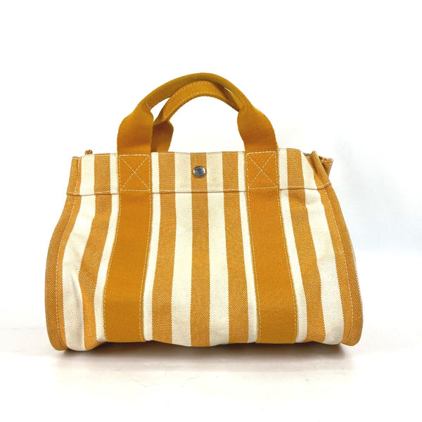 HERMES Handbag Tote Bag With porch Cannes PM Stripe canvas Orange Women Used Authentic