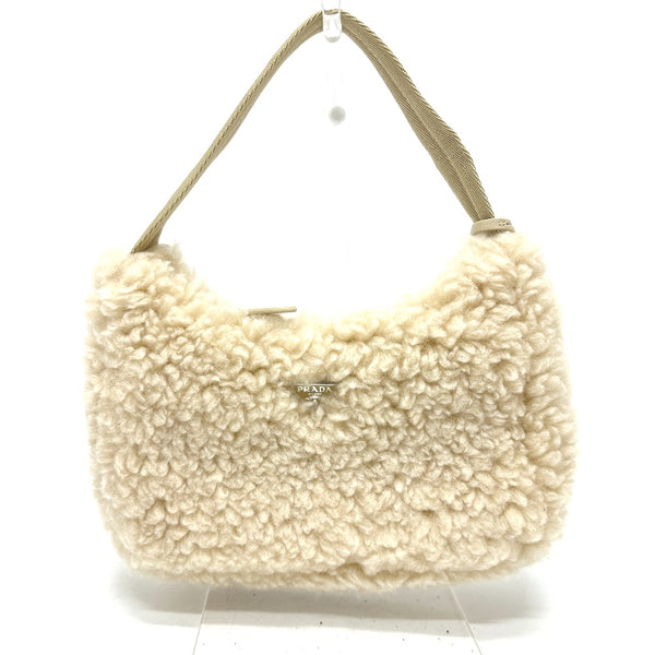 PRADA Handbag Fur bag Triangle logo Sheep fur 1NE515 beige Women Used Authentic