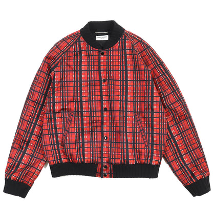 SAINT LAURENT PARIS Bomber jacket 632477 Rayon Black Red type Madras Check Satin Teddy Jacket 52