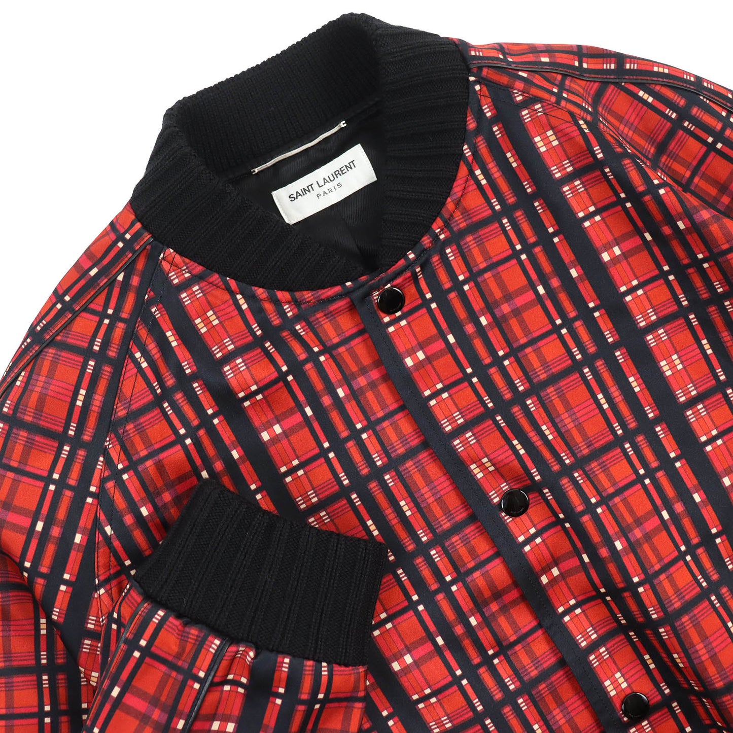 SAINT LAURENT PARIS Bomber jacket 632477 Rayon Black Red type Madras Check Satin Teddy Jacket 52