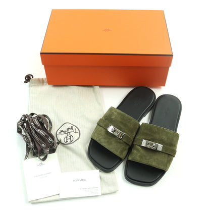 HERMES Sandals Suede leather Khaki black Gabriel 43