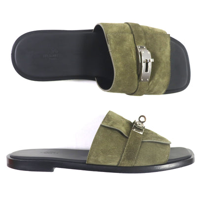 HERMES Sandals Suede leather Khaki black Gabriel 43