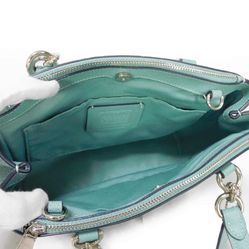 COACH Tote Bag F25395 Cross grain leather (stamped) Light Teal logo metal Mini brook carryall Women Used Authentic