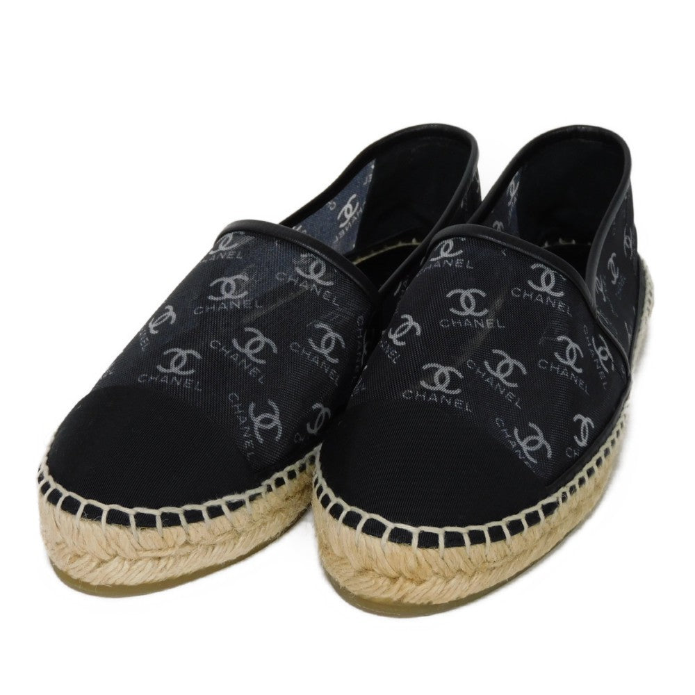 CHANEL Slip-on G34673 Mesh x Calfskin x Grosgrain x Jute x Rubber black CC mark COCO Mark mesh espadrilles Women 37 Used Authentic