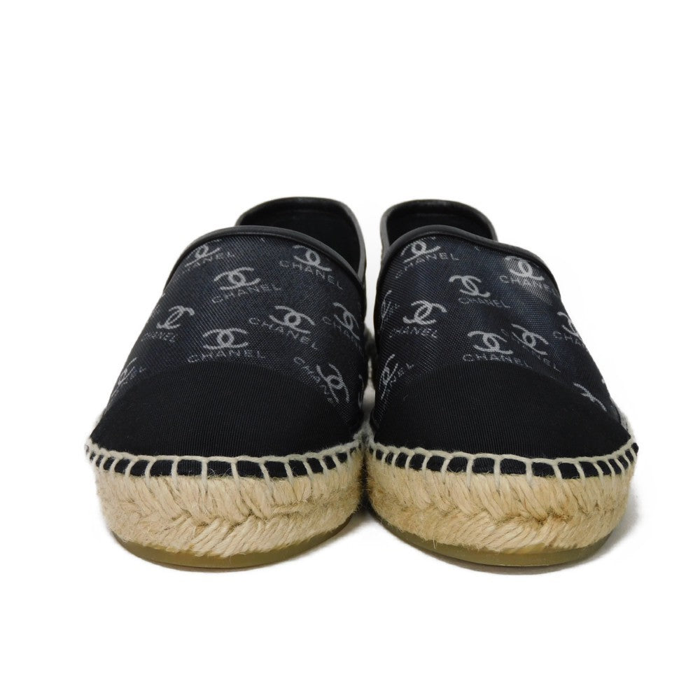 CHANEL Slip-on G34673 Mesh x Calfskin x Grosgrain x Jute x Rubber black CC mark COCO Mark mesh espadrilles Women 37 Used Authentic