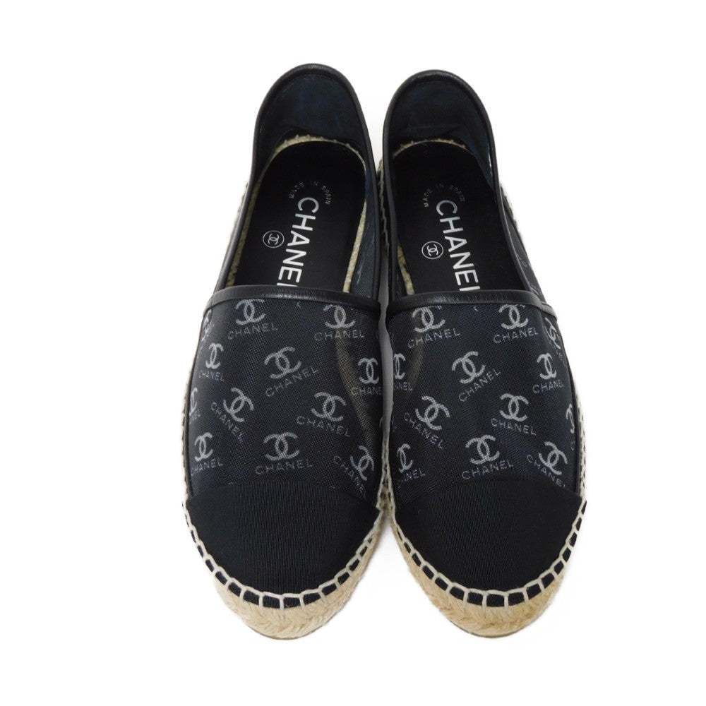 CHANEL Slip-on G34673 Mesh x Calfskin x Grosgrain x Jute x Rubber black CC mark COCO Mark mesh espadrilles Women 37 Used Authentic