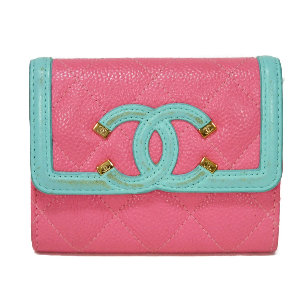 CHANEL Card Case Grained calfskin (embossed) Pink x pastel blue x pastel green CC Filigree Card Holder Women Used Authentic