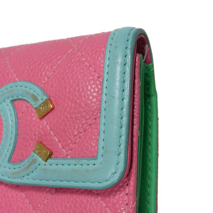 CHANEL Card Case Grained calfskin (embossed) Pink x pastel blue x pastel green CC Filigree Card Holder Women Used Authentic