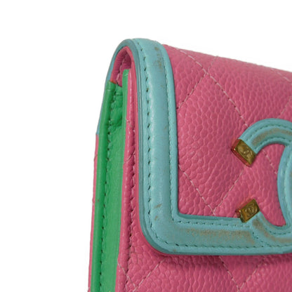 CHANEL Card Case Grained calfskin (embossed) Pink x pastel blue x pastel green CC Filigree Card Holder Women Used Authentic