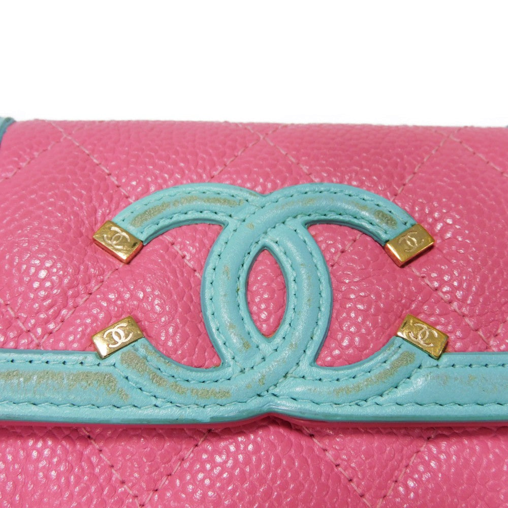 CHANEL Card Case Grained calfskin (embossed) Pink x pastel blue x pastel green CC Filigree Card Holder Women Used Authentic