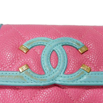 CHANEL Card Case Grained calfskin (embossed) Pink x pastel blue x pastel green CC Filigree Card Holder Women Used Authentic