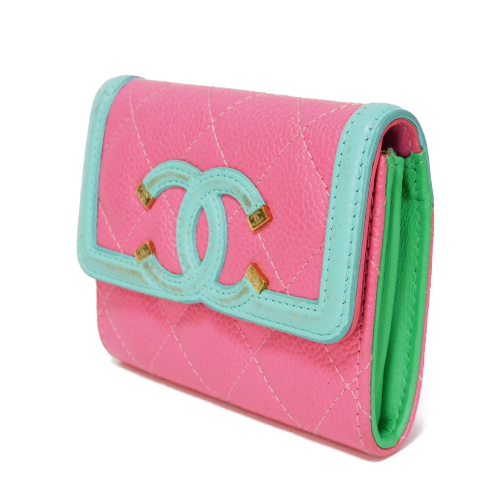 CHANEL Card Case Grained calfskin (embossed) Pink x pastel blue x pastel green CC Filigree Card Holder Women Used Authentic