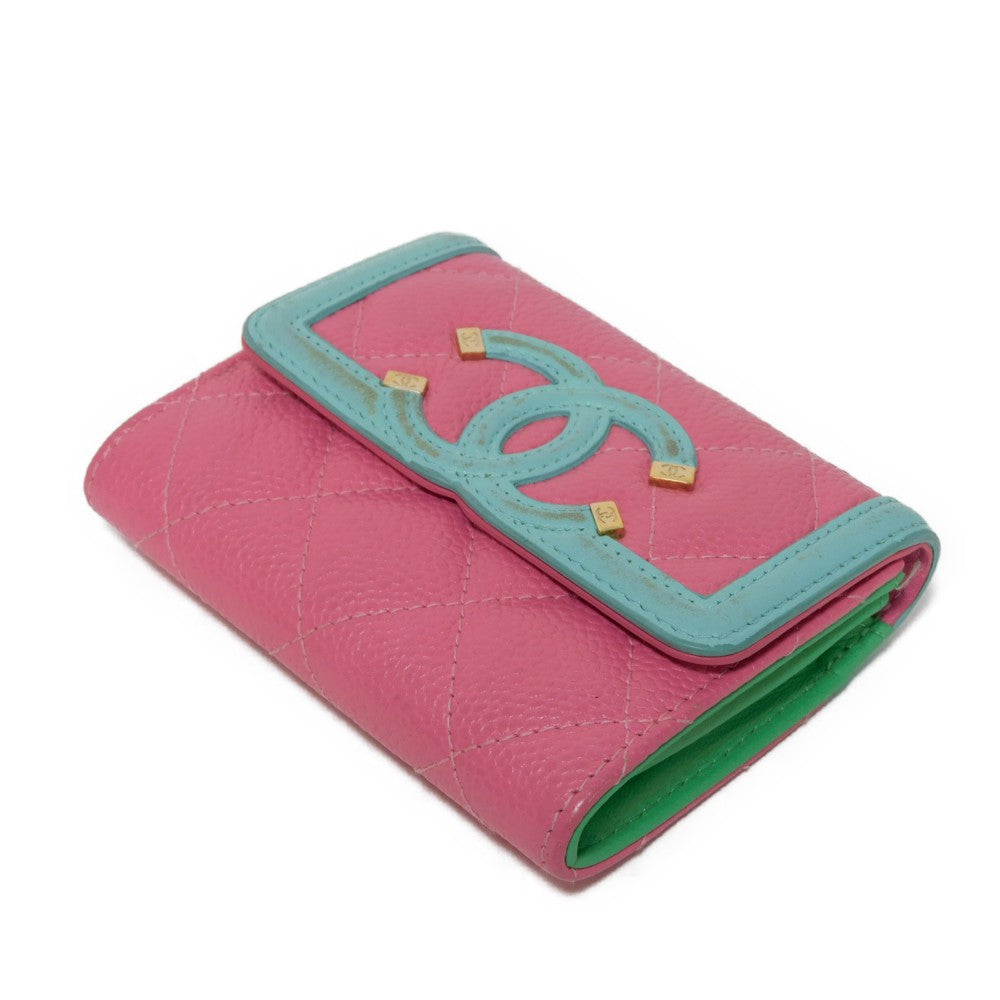 CHANEL Card Case Grained calfskin (embossed) Pink x pastel blue x pastel green CC Filigree Card Holder Women Used Authentic