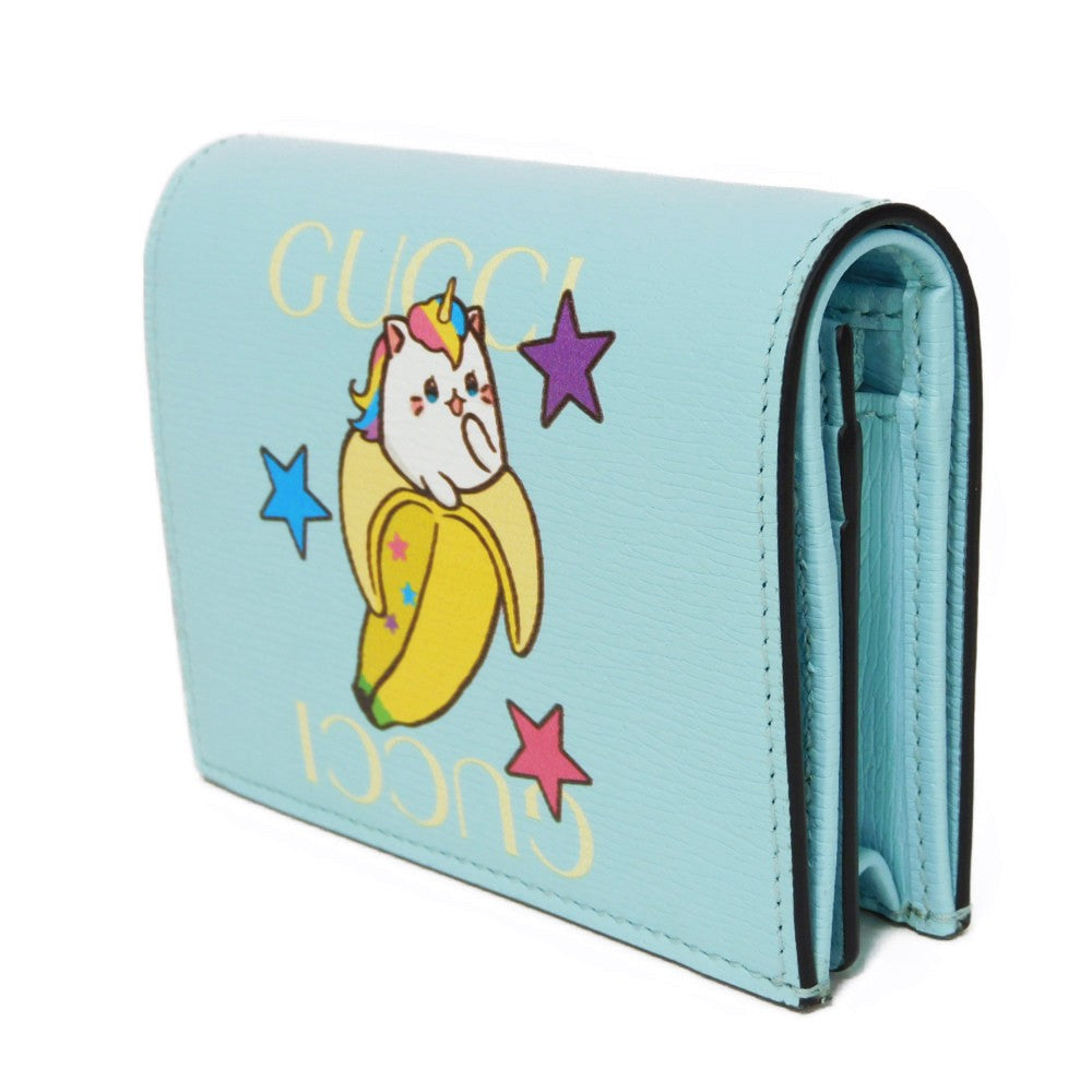 GUCCI Bifold Wallet 701009 Textured leather Pastel blue logo Bananya Compact Wallet