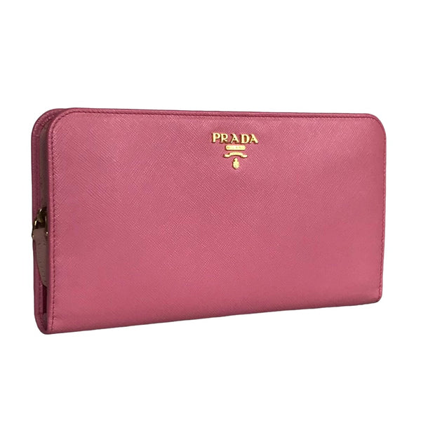 PRADA Long Wallet Purse Round zip Safiano leather 1M1265 pink Women Used Authentic