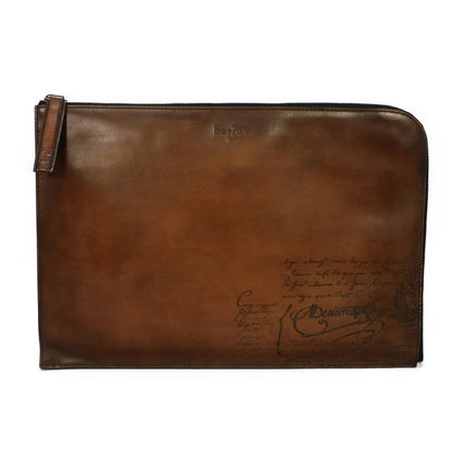 Berluti Clutch bag Venice Calfskin Leather Tobaco Calligraphy Nino XL Scritto Leather Clutch