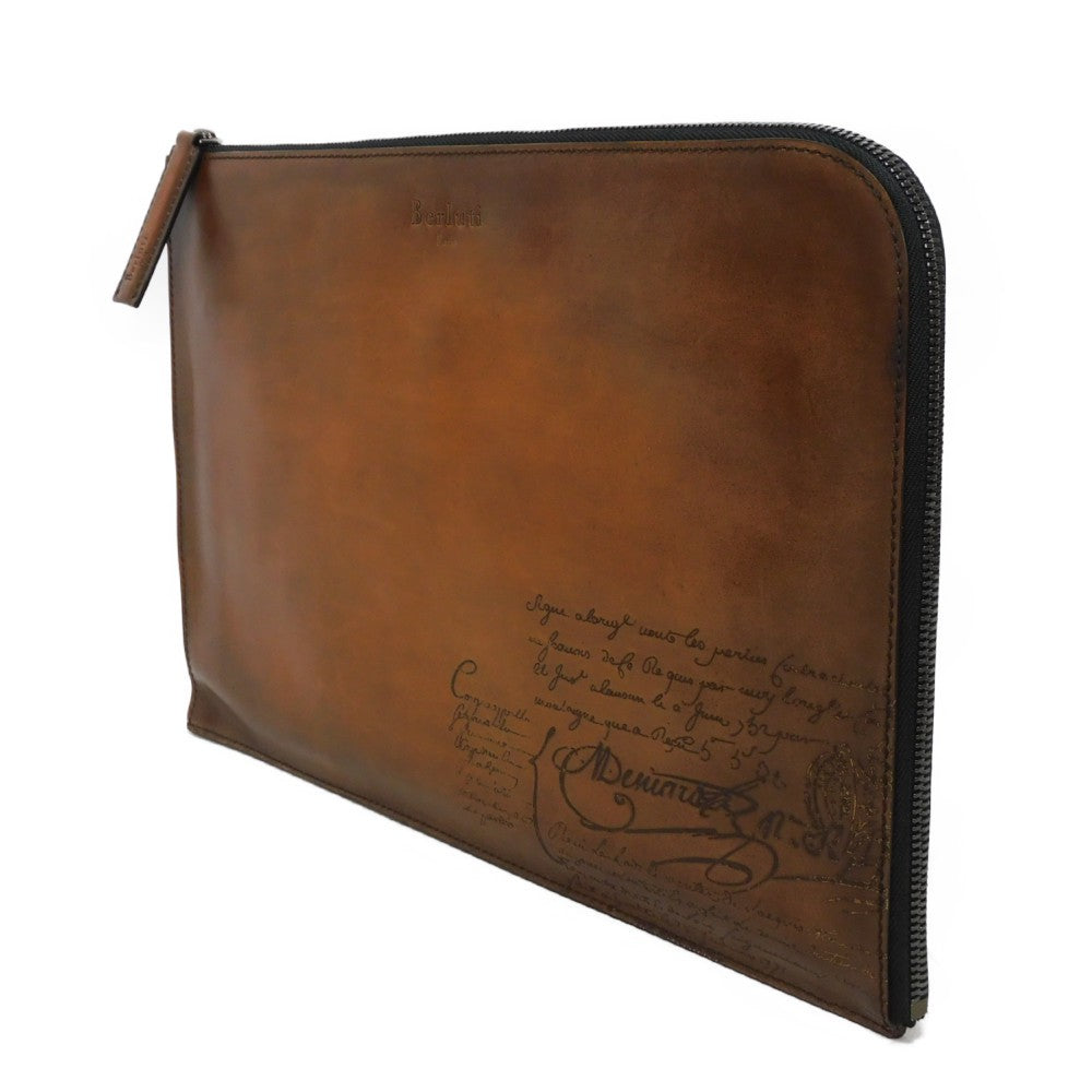 Berluti Clutch bag Venice Calfskin Leather Tobaco Calligraphy Nino XL Scritto Leather Clutch