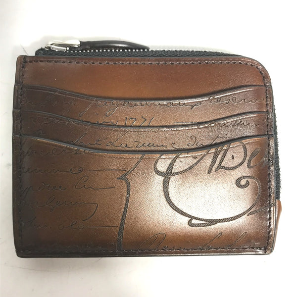 Berluti Coin case L-shaped fastener Compact Wallet Coin Pocket Calligraphy leather Brown mens Used Authentic