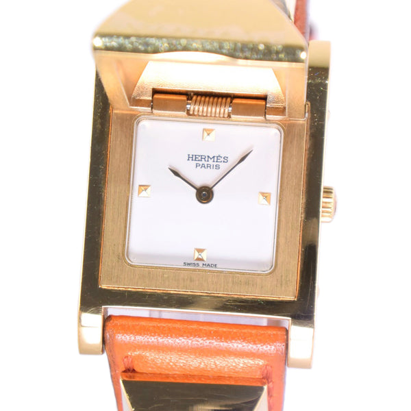 HERMES Watches Quartz Medor Plated Gold, Leather Orange Dial color:White Women Used Authentic