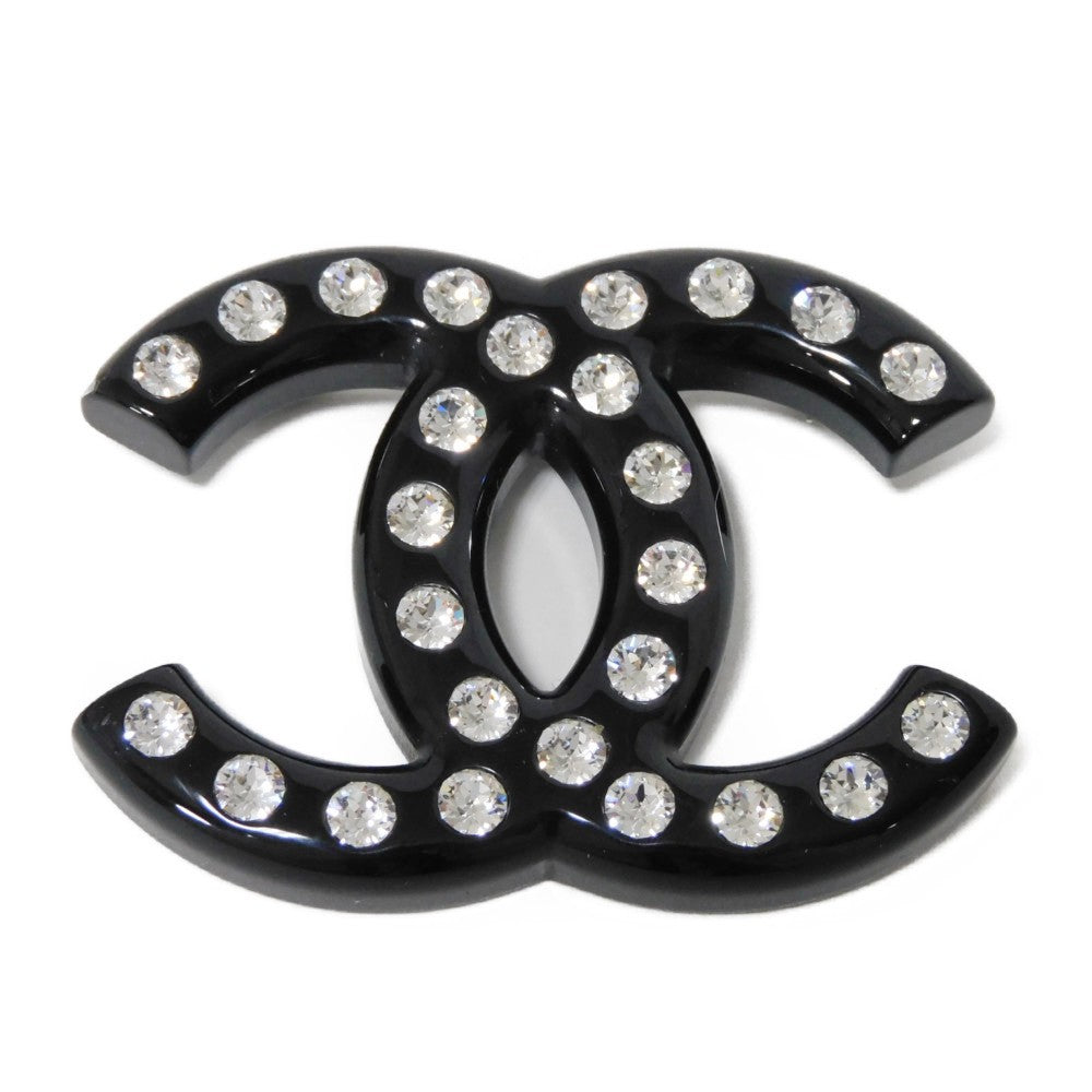 CHANEL Brooch plastic black CC mark Crystal COCO Mark