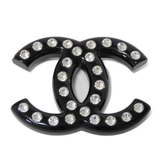 CHANEL Brooch plastic black CC mark Crystal COCO Mark