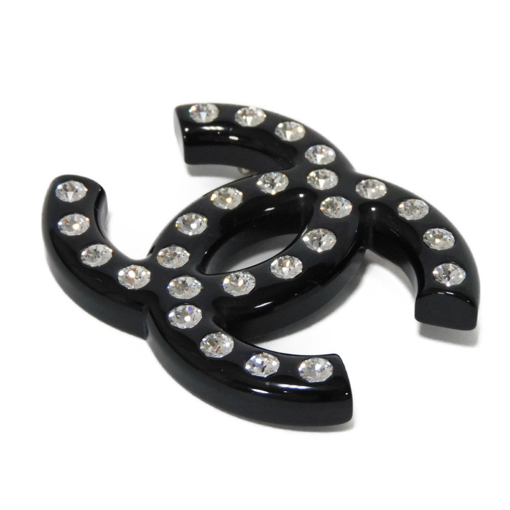 CHANEL Brooch plastic black CC mark Crystal COCO Mark