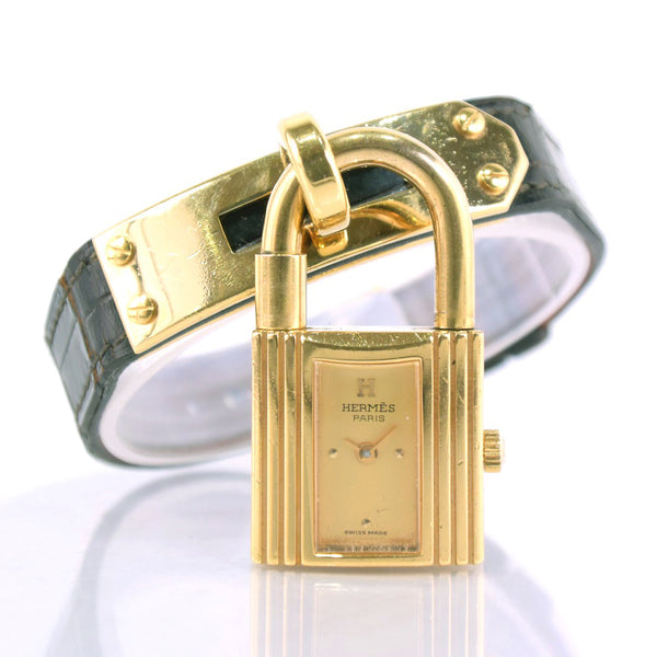 HERMES Watches Quartz Kelly watch Leather, Plated Gold black Dial color:gold Women Used Authentic