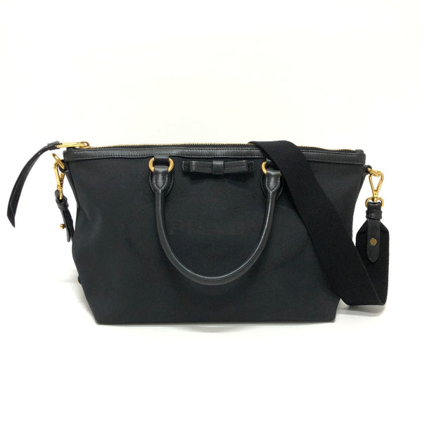 PRADA Handbag 2WAY bag Logo ribbon Canvas / leather 1BA111 black Women Used Authentic
