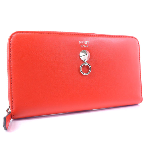 FENDI Long Wallet Purse Zip Around Dot com Calfskin Red Women Used Authentic