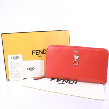 FENDI Long Wallet Purse Calfskin Red Zip Around Dot com Women Used Authentic