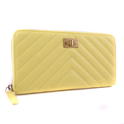 CHANEL Long Wallet Purse leather yellow 23rd generation Vstitch Zip Around Women Used Authentic