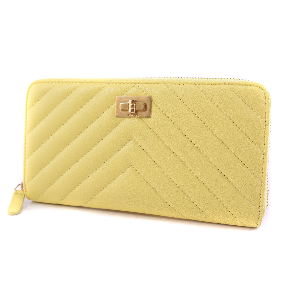 CHANEL Long Wallet Purse leather yellow 23rd generation Vstitch Zip Around Women Used Authentic