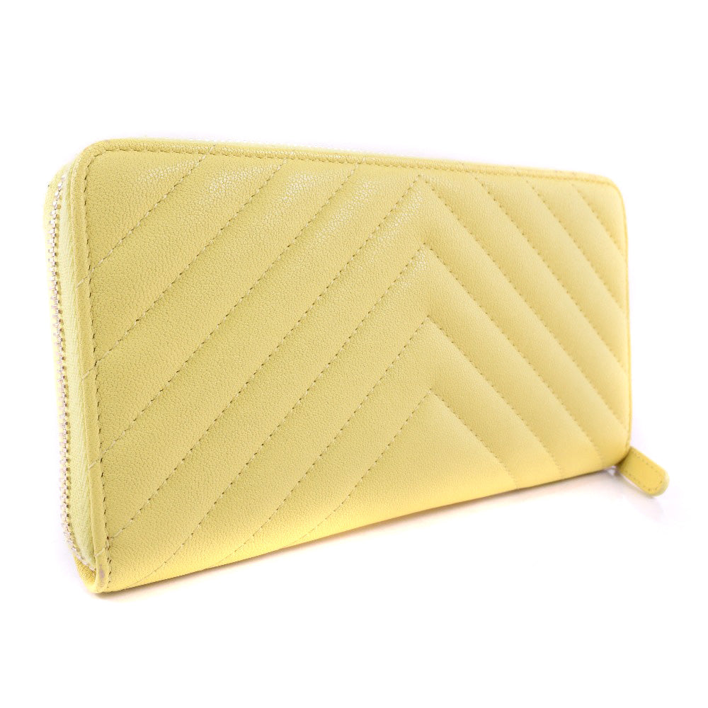 CHANEL Long Wallet Purse leather yellow 23rd generation Vstitch Zip Around Women Used Authentic