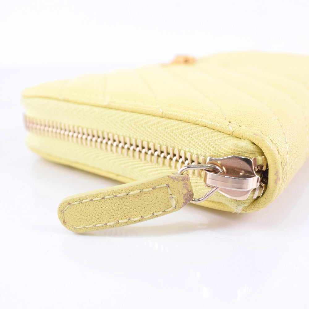 CHANEL Long Wallet Purse leather yellow 23rd generation Vstitch Zip Around Women Used Authentic