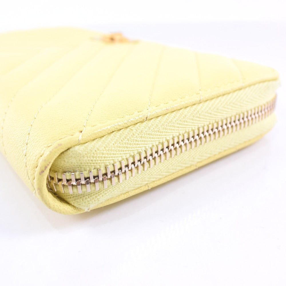 CHANEL Long Wallet Purse leather yellow 23rd generation Vstitch Zip Around Women Used Authentic