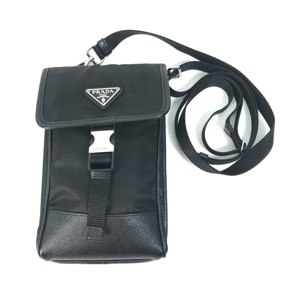 PRADA Shoulder Bag bag pouch Triangle logo phone case smartphone case Nylon / leather 2ZH109 black mens Used Authentic