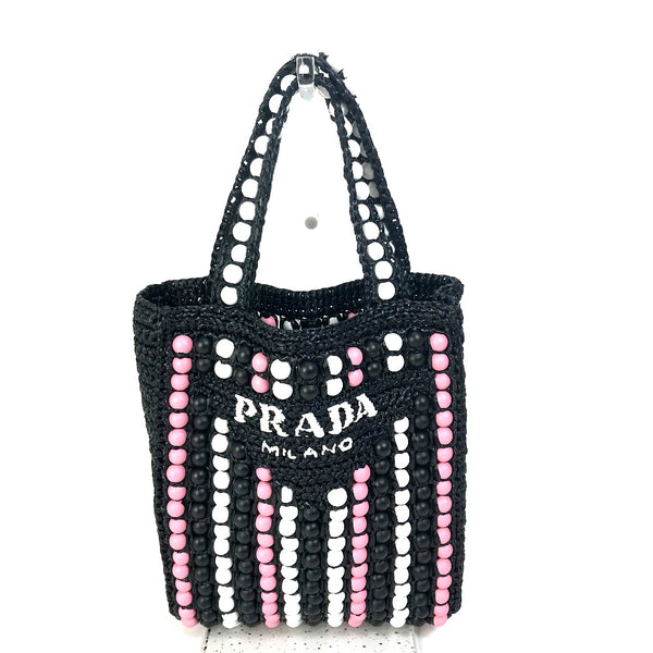 PRADA Tote Bag bag handbag raffia wood beads Raffia 1BG425 Black x Pink x White Women Used Authentic
