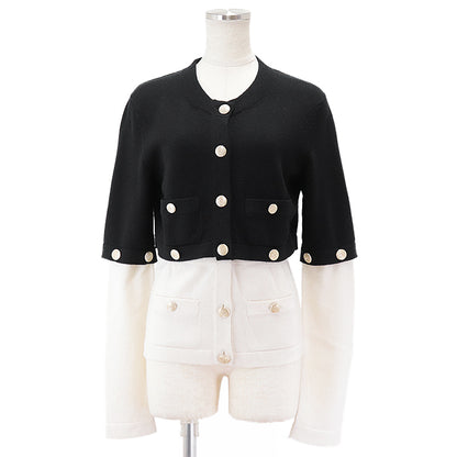 CHANEL cardigan cashmere Black white 36