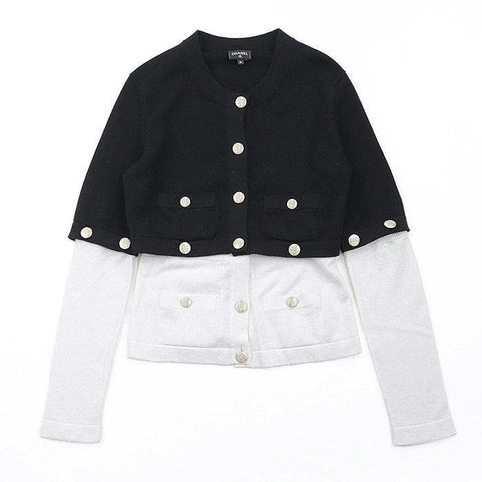 CHANEL cardigan cashmere Black white 36