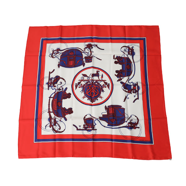 HERMES scarf Curry90 scarf Carriage silk Red Women Used Authentic