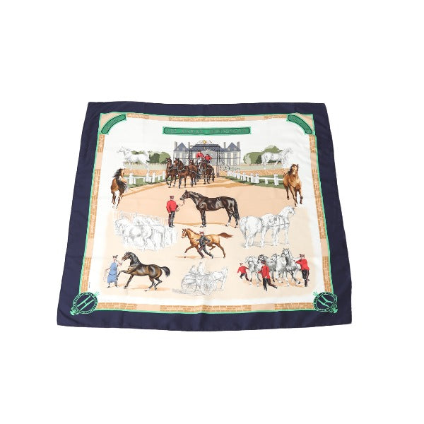 HERMES scarf LES HARAS NATIONAUX Calle 90 silk Curry 90 Navy Women Used Authentic