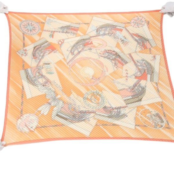 HERMES scarf silk Orange 100% silk PleatedCarre Women Used Authentic