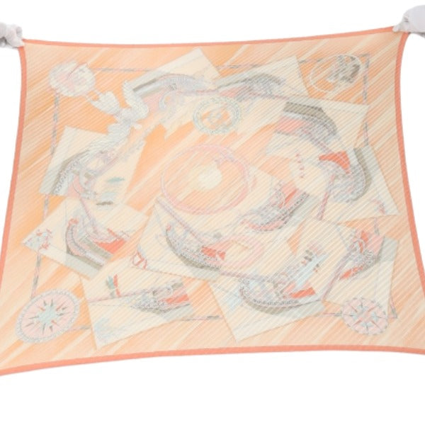 HERMES scarf silk Orange 100% silk PleatedCarre Women Used Authentic