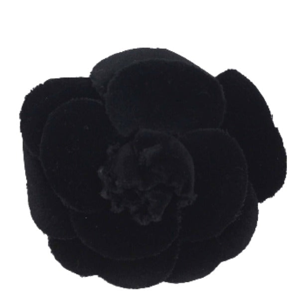 CHANEL Brooch Camelia corsage velor fabric black Women Used Authentic