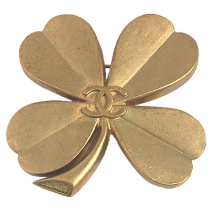 CHANEL Brooch plating gold corsage COCO Mark Clover Women Used Authentic