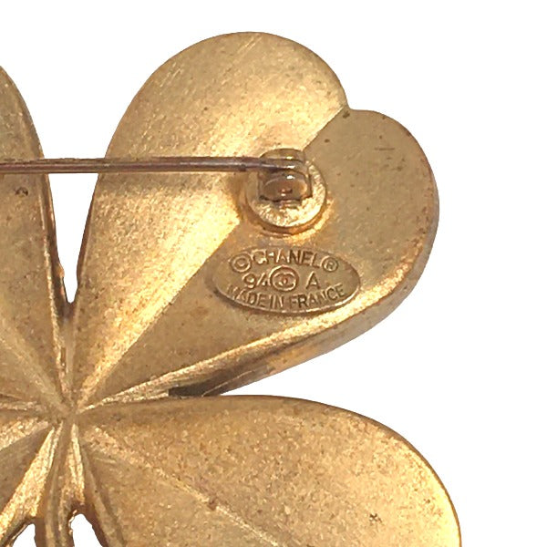 CHANEL Brooch plating gold corsage COCO Mark Clover Women Used Authentic