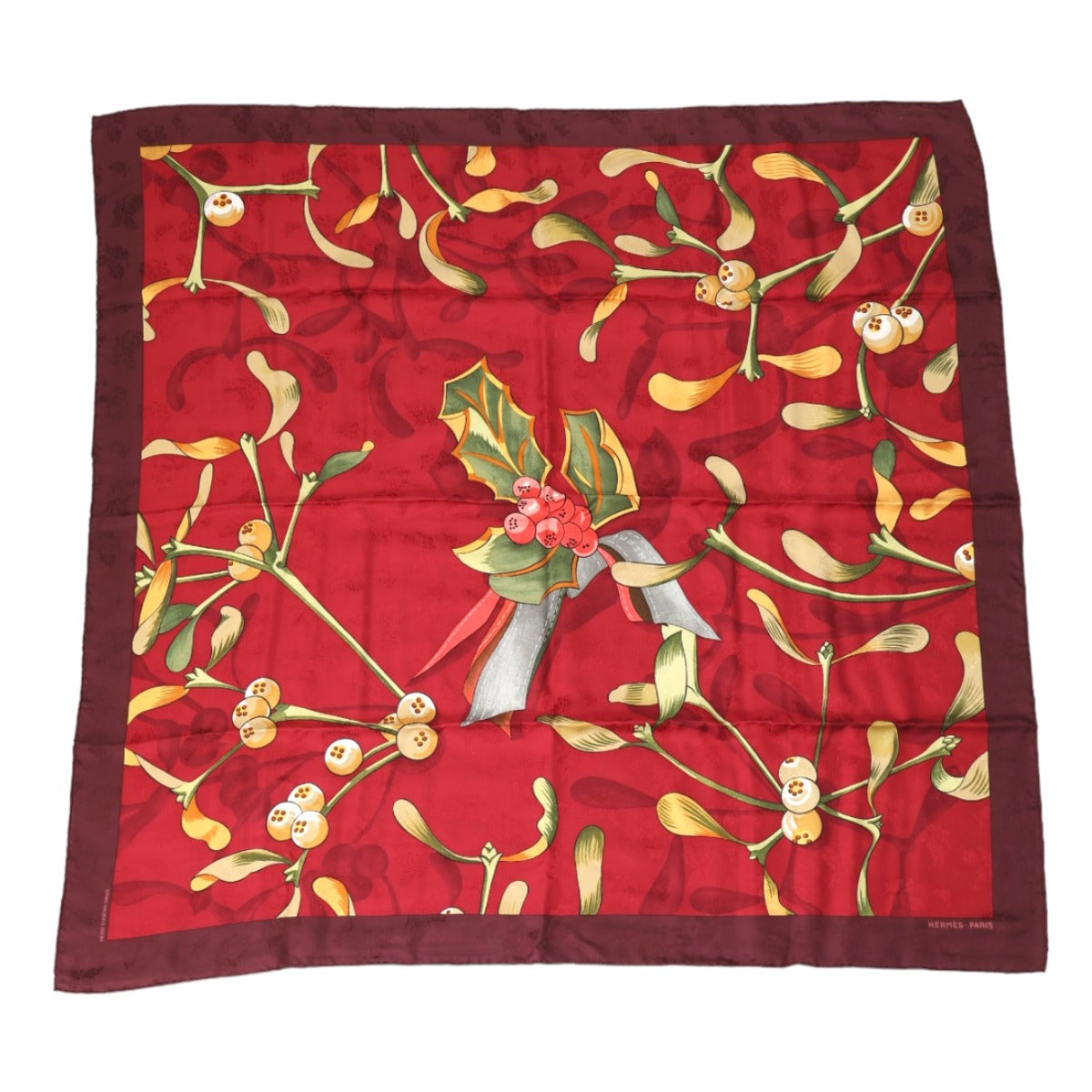 HERMES scarf silk Red x scarf Last year's snow Holly berries Carre90 Women Used Authentic