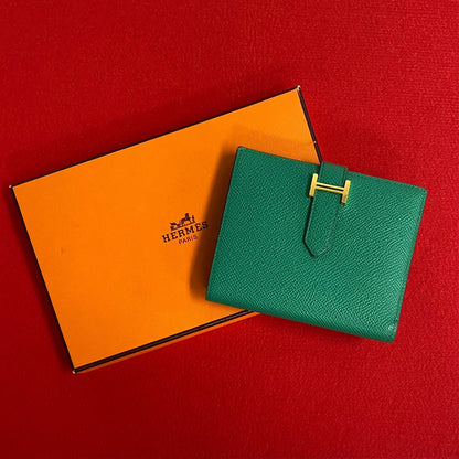 HERMES Bifold Wallet Epsom green Bean compact